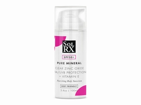 SolRX Pure Mineral SPF 50  Sunscreen - 3.4oz Zinc Oxide Sunscreen with Vitamin E, Reef Safe, Daily Use for Face and Body