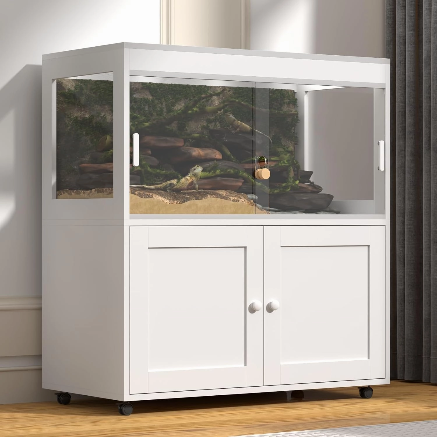 Spacious 60-Gallon Reptile Enclosure with Storage Cabinet – Sliding Door & Ventilated Metal Mesh Roof, Mobile Habitat for Snakes, Lizards & Geckos