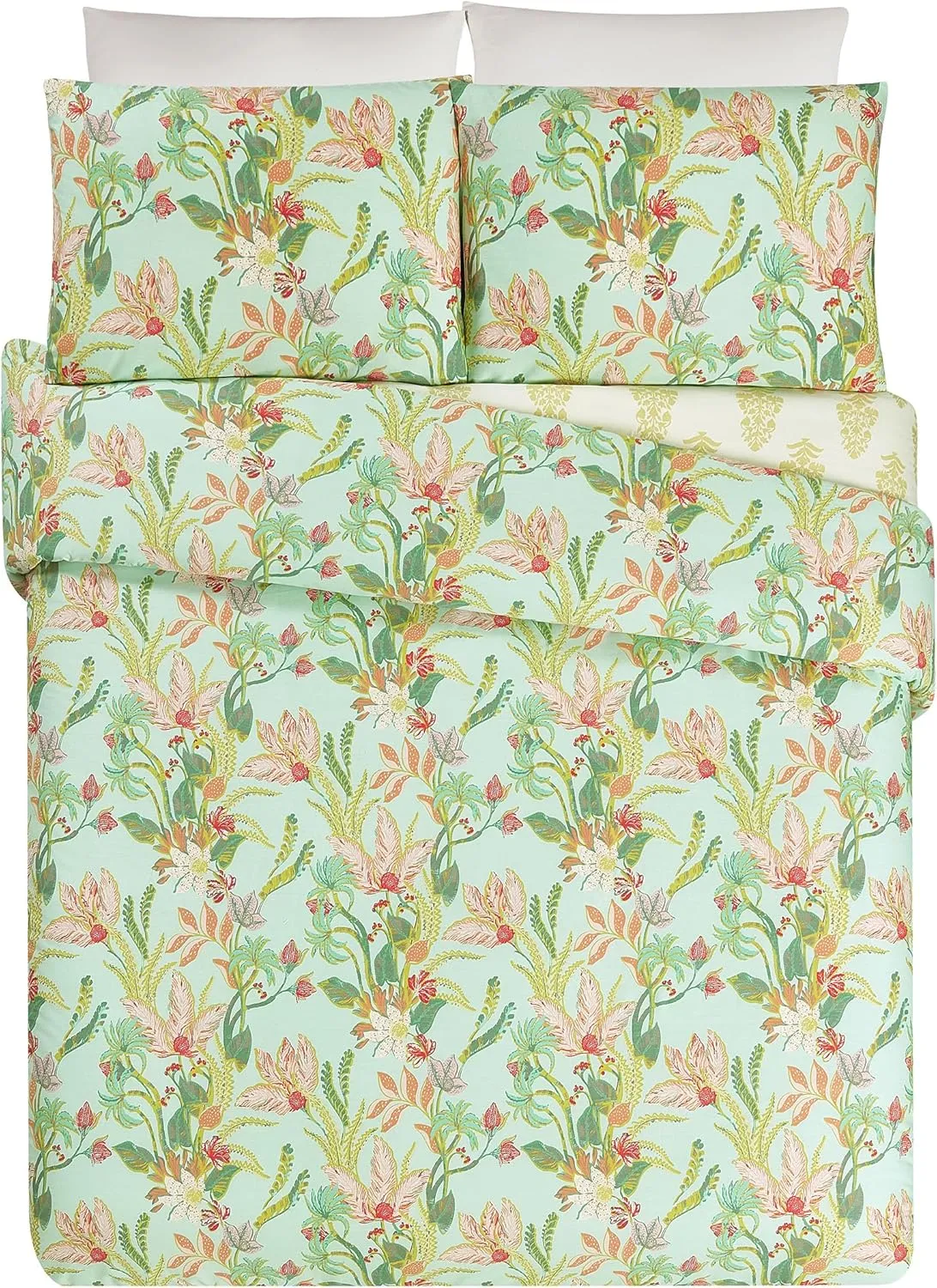 Spartina 449 Queenie Tropical Reversible Comforter and Pillow Sham Set, 3-Piece 300 Thread Count Cotton Floral Bedding Set - Full Queen Size, Seafoam Green