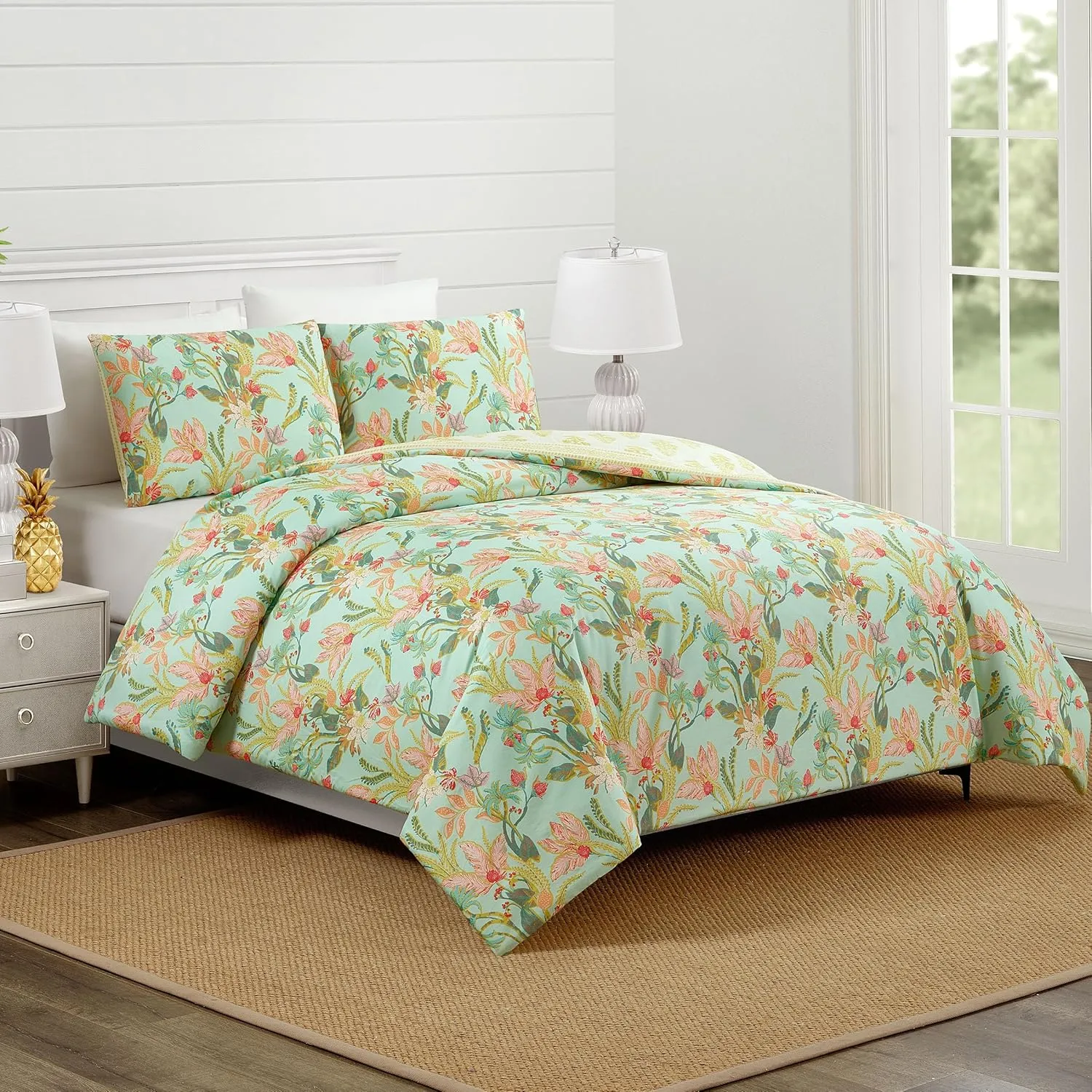 Spartina 449 Queenie Tropical Reversible Comforter and Pillow Sham Set, 3-Piece 300 Thread Count Cotton Floral Bedding Set - Full Queen Size, Seafoam Green