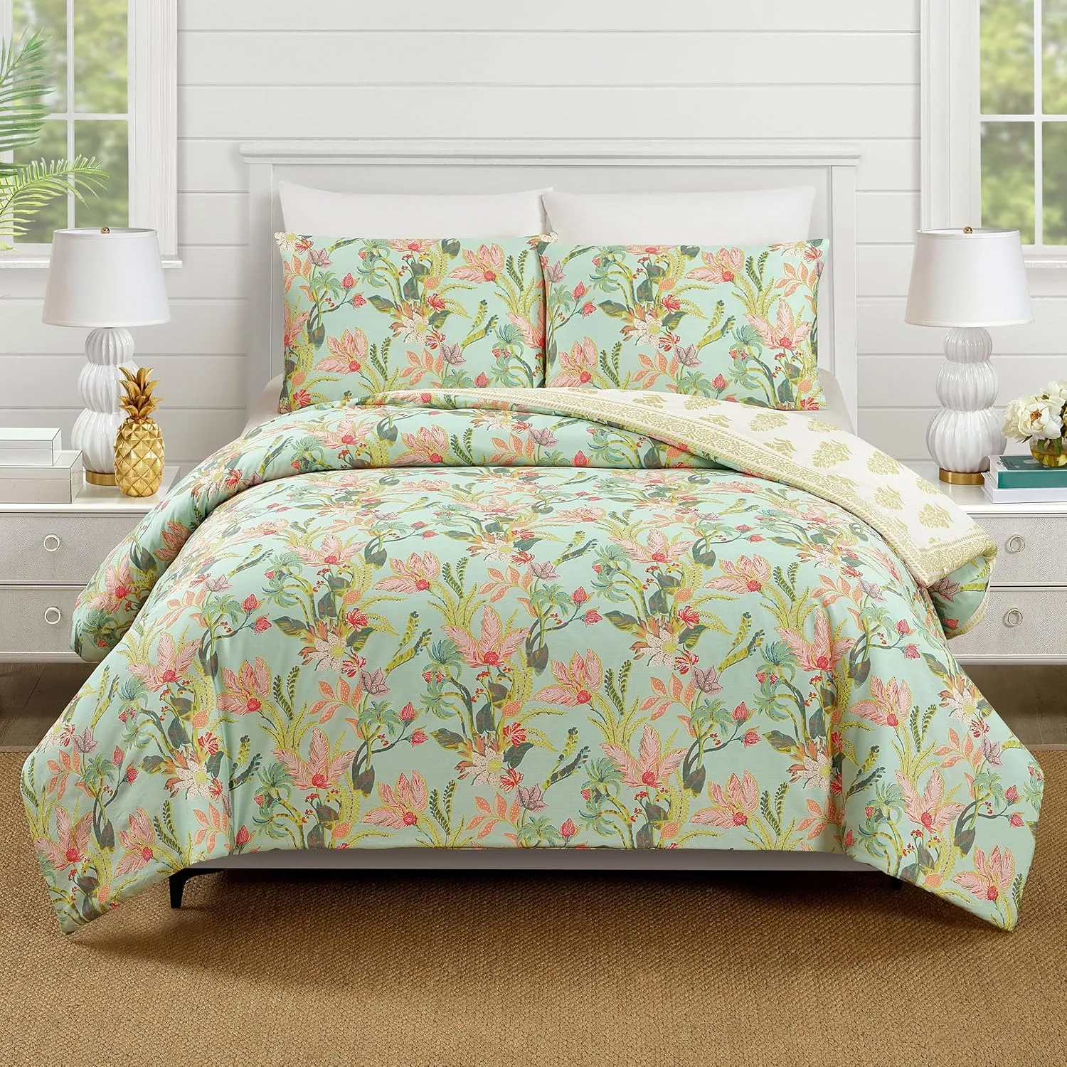 Spartina 449 Queenie Tropical Reversible Comforter and Pillow Sham Set, 3-Piece 300 Thread Count Cotton Floral Bedding Set - Full Queen Size, Seafoam Green