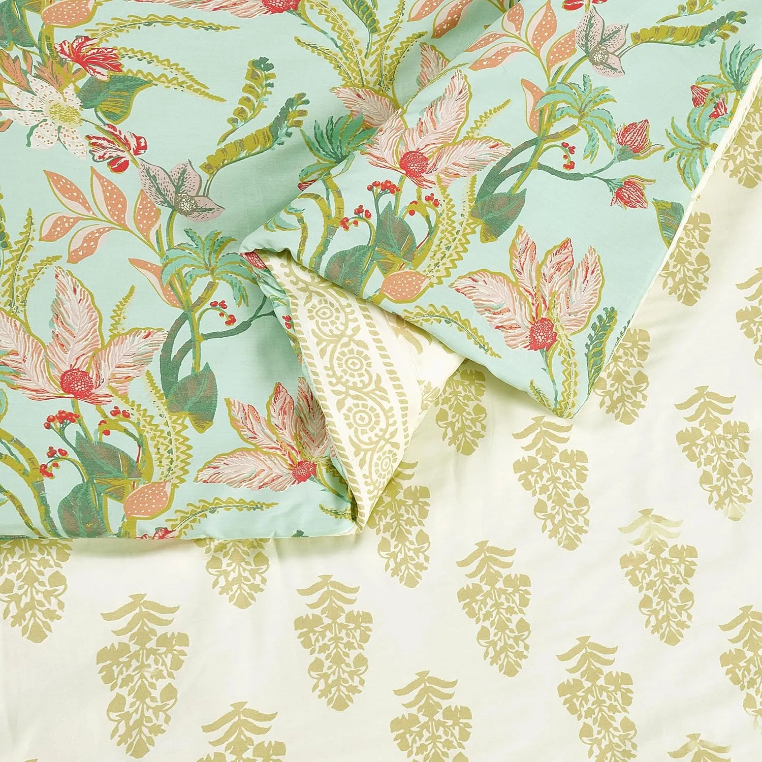 Spartina 449 Queenie Tropical Reversible Comforter and Pillow Sham Set, 3-Piece 300 Thread Count Cotton Floral Bedding Set - Full Queen Size, Seafoam Green