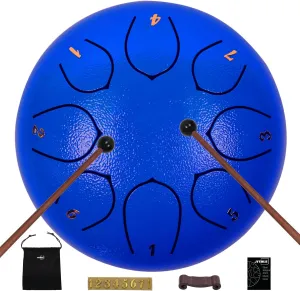 Steel Tongue Drum 8 Notes 6 Inches Blue Alloy Steel Drum with Drum Bag, Mallets, Mallet Holder, Music Book, Stickers for Yoga, Meditation, Prenatal Music Education
