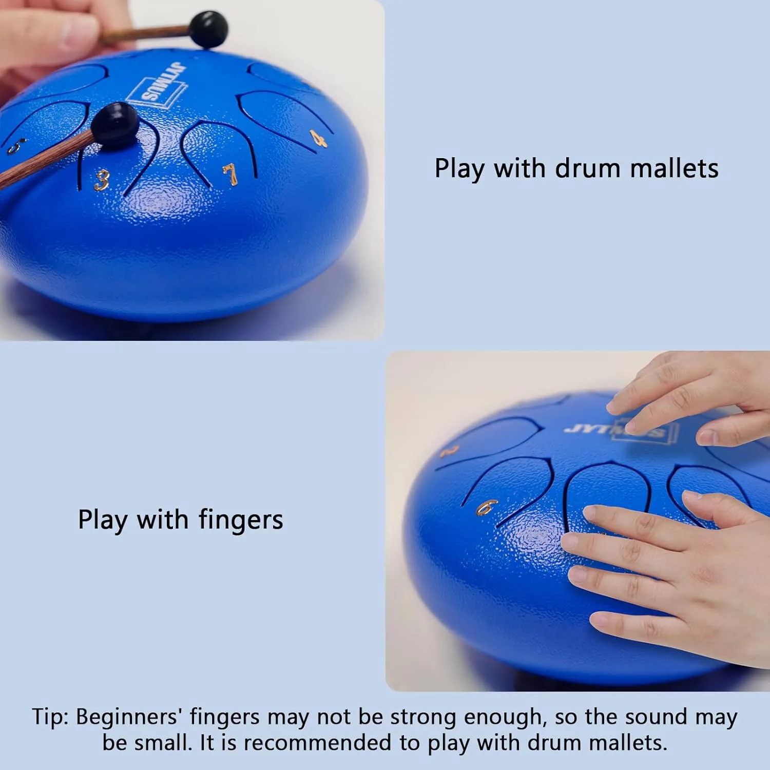 Steel Tongue Drum 8 Notes 6 Inches Blue Alloy Steel Drum with Drum Bag, Mallets, Mallet Holder, Music Book, Stickers for Yoga, Meditation, Prenatal Music Education