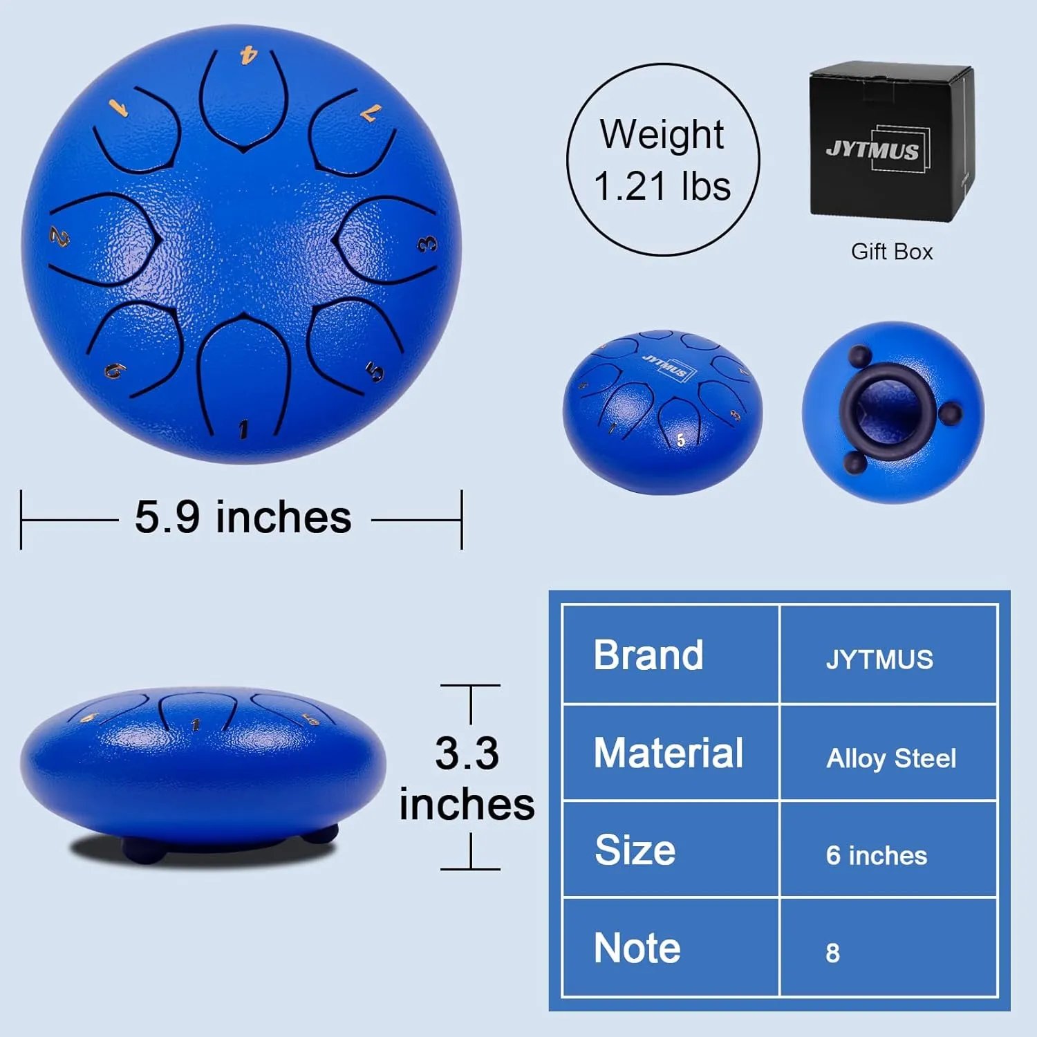 Steel Tongue Drum 8 Notes 6 Inches Blue Alloy Steel Drum with Drum Bag, Mallets, Mallet Holder, Music Book, Stickers for Yoga, Meditation, Prenatal Music Education