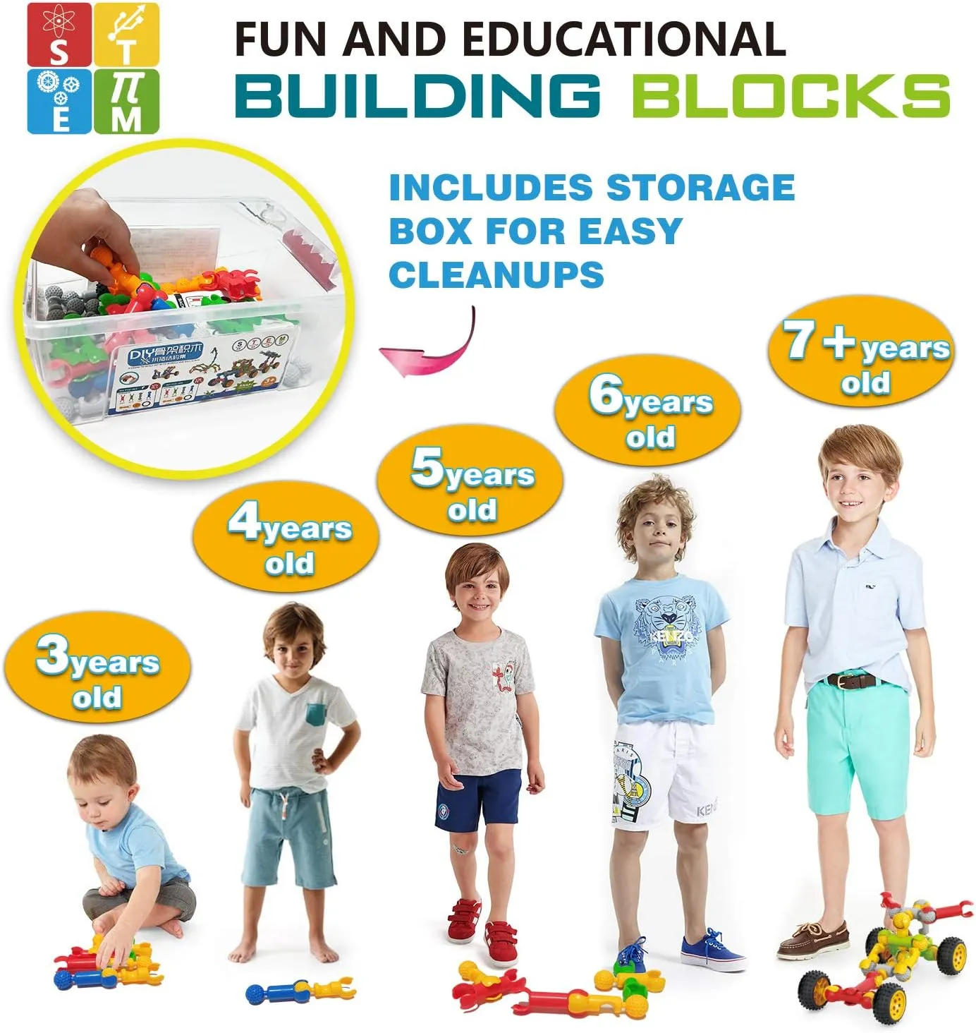 Stem Building Toys for 3 4 5 6 7 8 Year Old Boys Girls Kids,125 Pieces Building Blocks Educational Learning Toys with Large Storage Box,Ideal Christmas Birthday Gifts