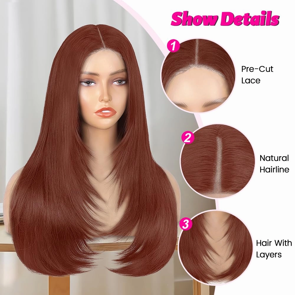 Straight Wear And Go Glueless Wig Synthetic Layered Wigs For Black Women Pre Plucked Pre Cut 4x4 Lace Front Wigs Long Straight Wigs For Daily Use (Auburn Copper)