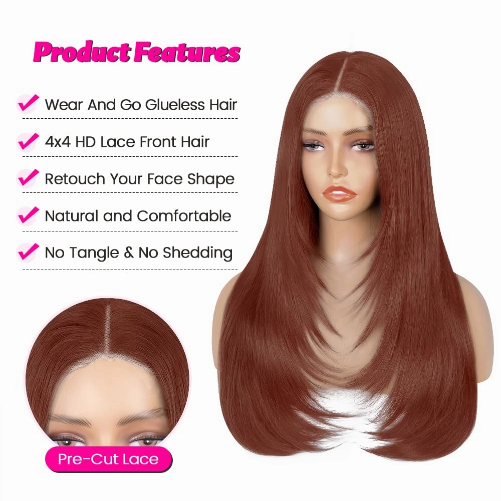 Straight Wear And Go Glueless Wig Synthetic Layered Wigs For Black Women Pre Plucked Pre Cut 4x4 Lace Front Wigs Long Straight Wigs For Daily Use (Auburn Copper)