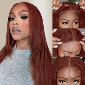 Straight Wear And Go Glueless Wig Synthetic Layered Wigs For Black Women Pre Plucked Pre Cut 4x4 Lace Front Wigs Long Straight Wigs For Daily Use (Auburn Copper)