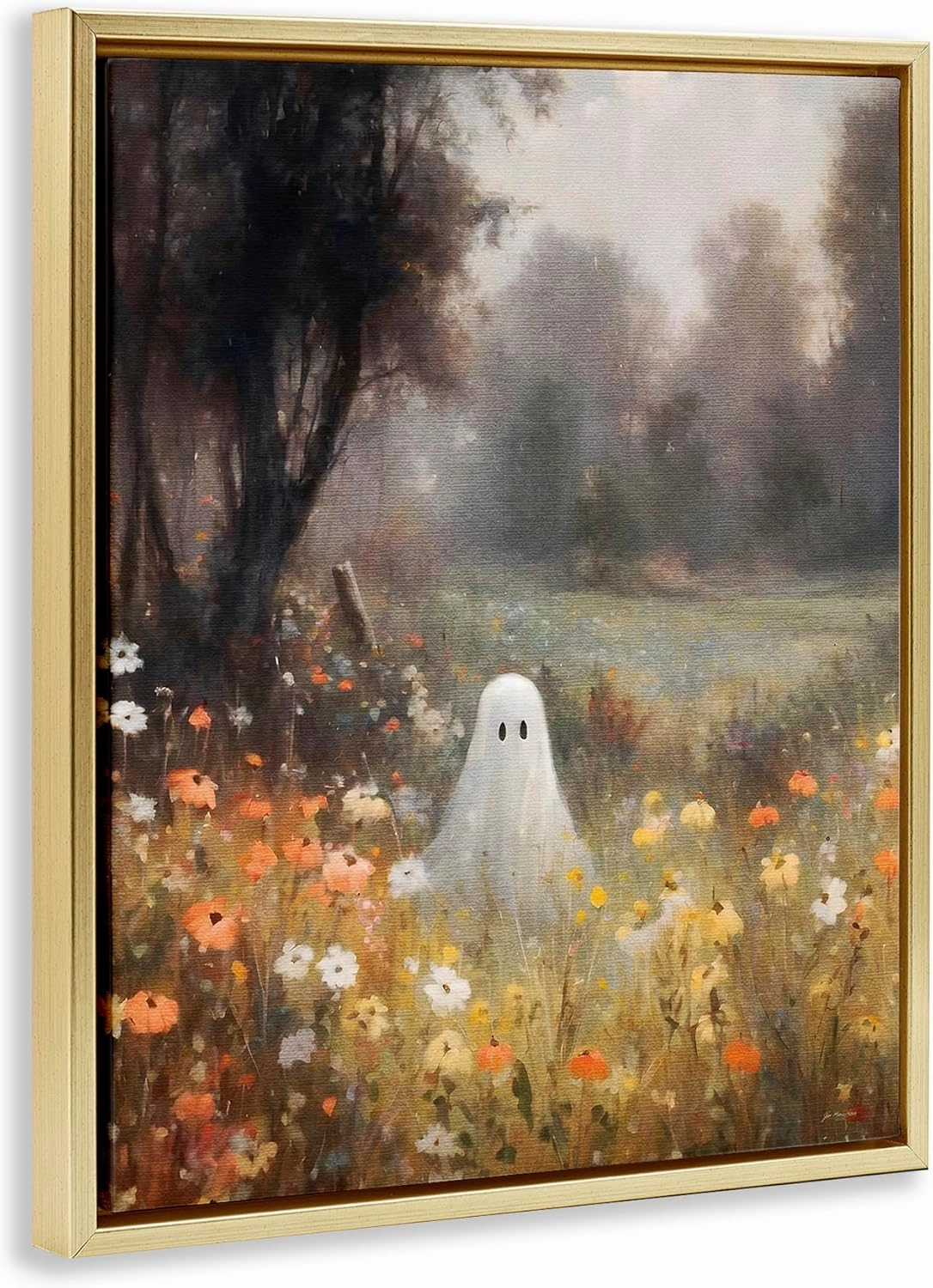 Stupell Industries Ghost in Peaceful Flower Meadow Gray Framed Floater Canvas Wall Art Design by Jo Moulton, 25 x 31