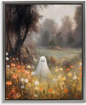 Stupell Industries Ghost in Peaceful Flower Meadow Gray Framed Floater Canvas Wall Art Design by Jo Moulton, 25 x 31