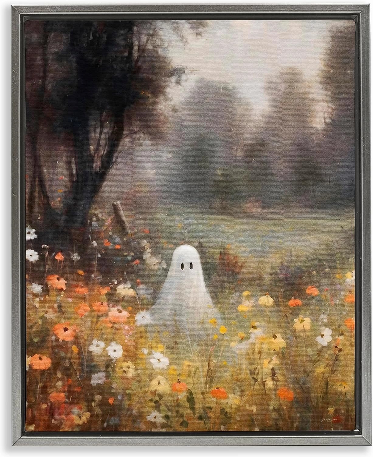 Stupell Industries Ghost in Peaceful Flower Meadow Gray Framed Floater Canvas Wall Art Design by Jo Moulton, 25 x 31