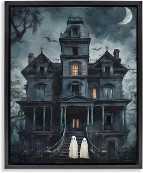 Stupell Industries Ghost Pair & Haunted Mansion Black Framed Floater Canvas Wall Art Design by Jo Moulton, 17 x 21