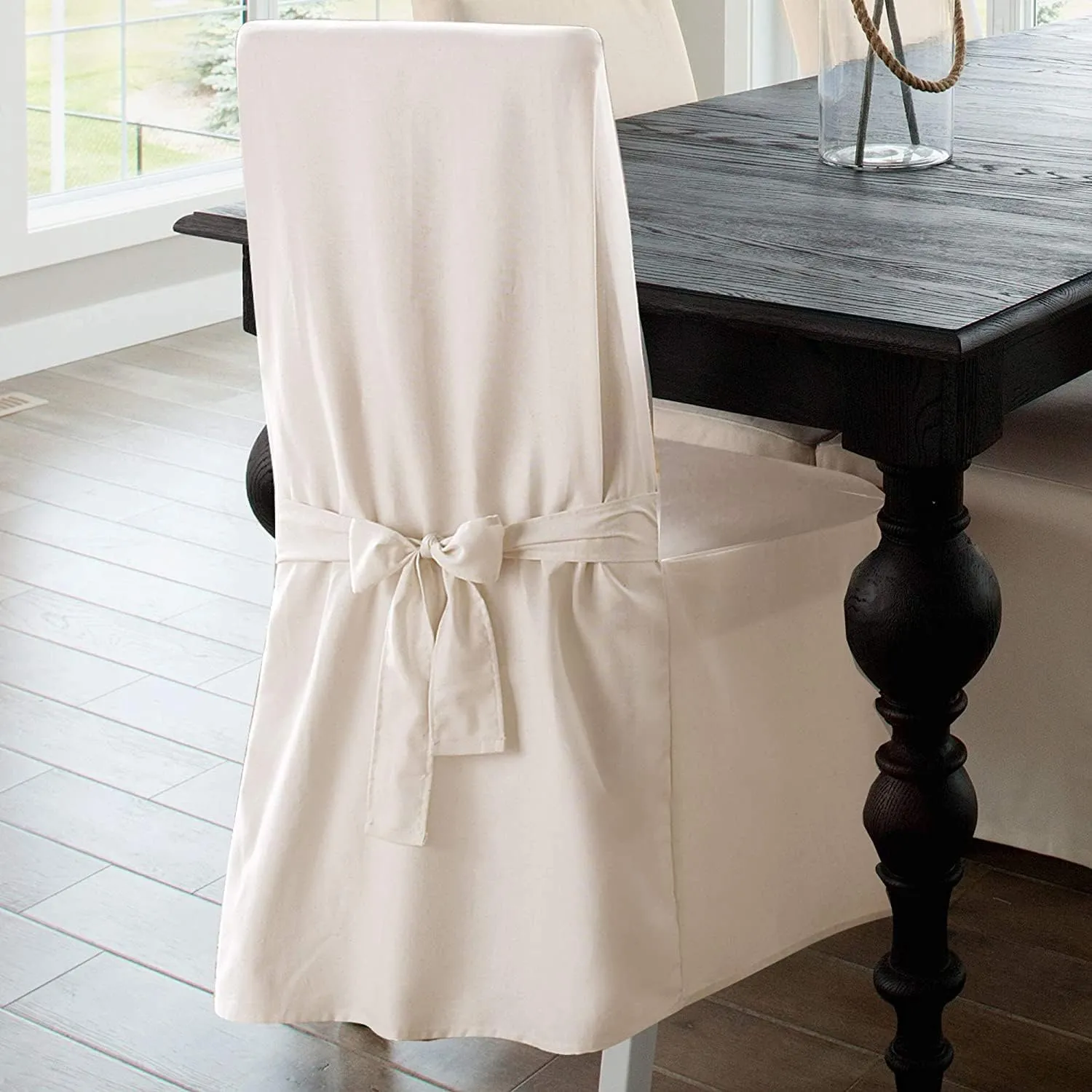 SureFit Home Décor Duck Solid Long Full Length Dining Room Chair One Piece Slipcover, Relaxed Fit, 100% Cotton, Machine Washable,Natural Color