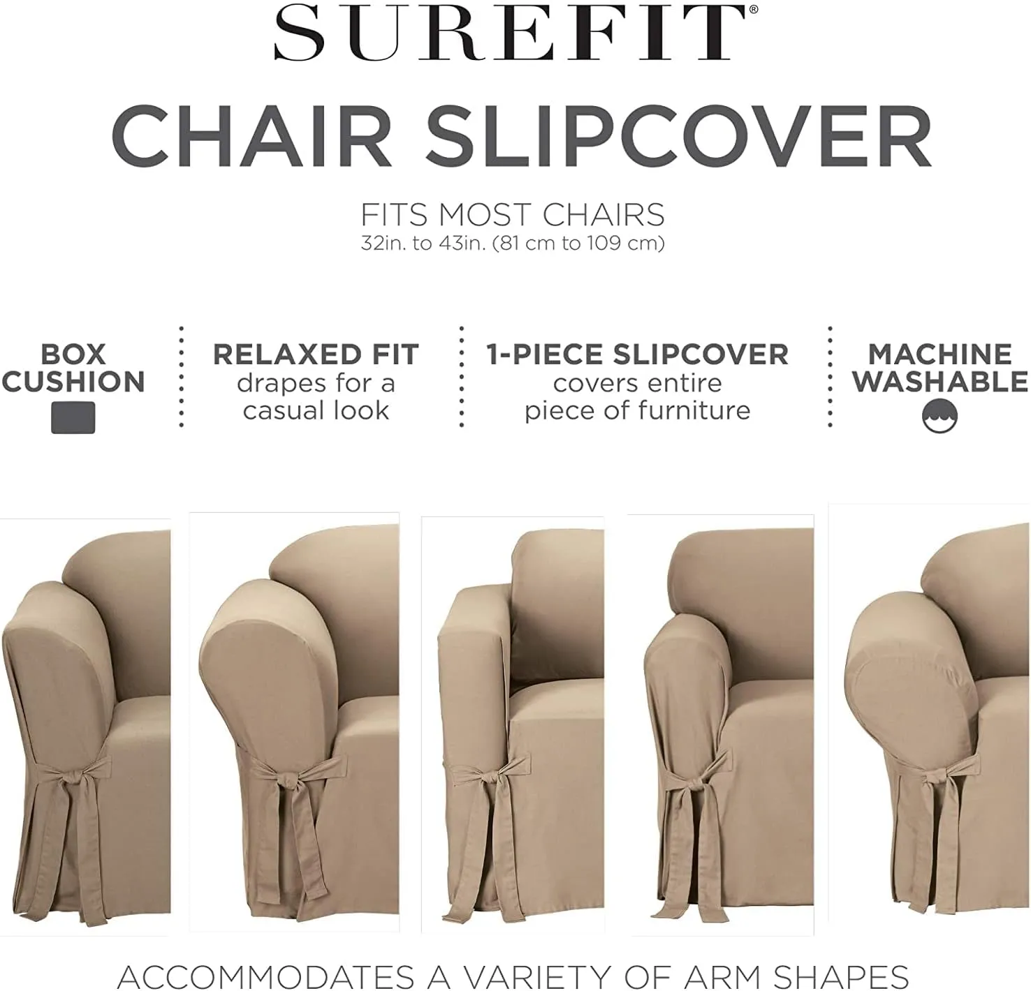 SureFit Home Décor Duck Solid Long Full Length Dining Room Chair One Piece Slipcover, Relaxed Fit, 100% Cotton, Machine Washable,Natural Color