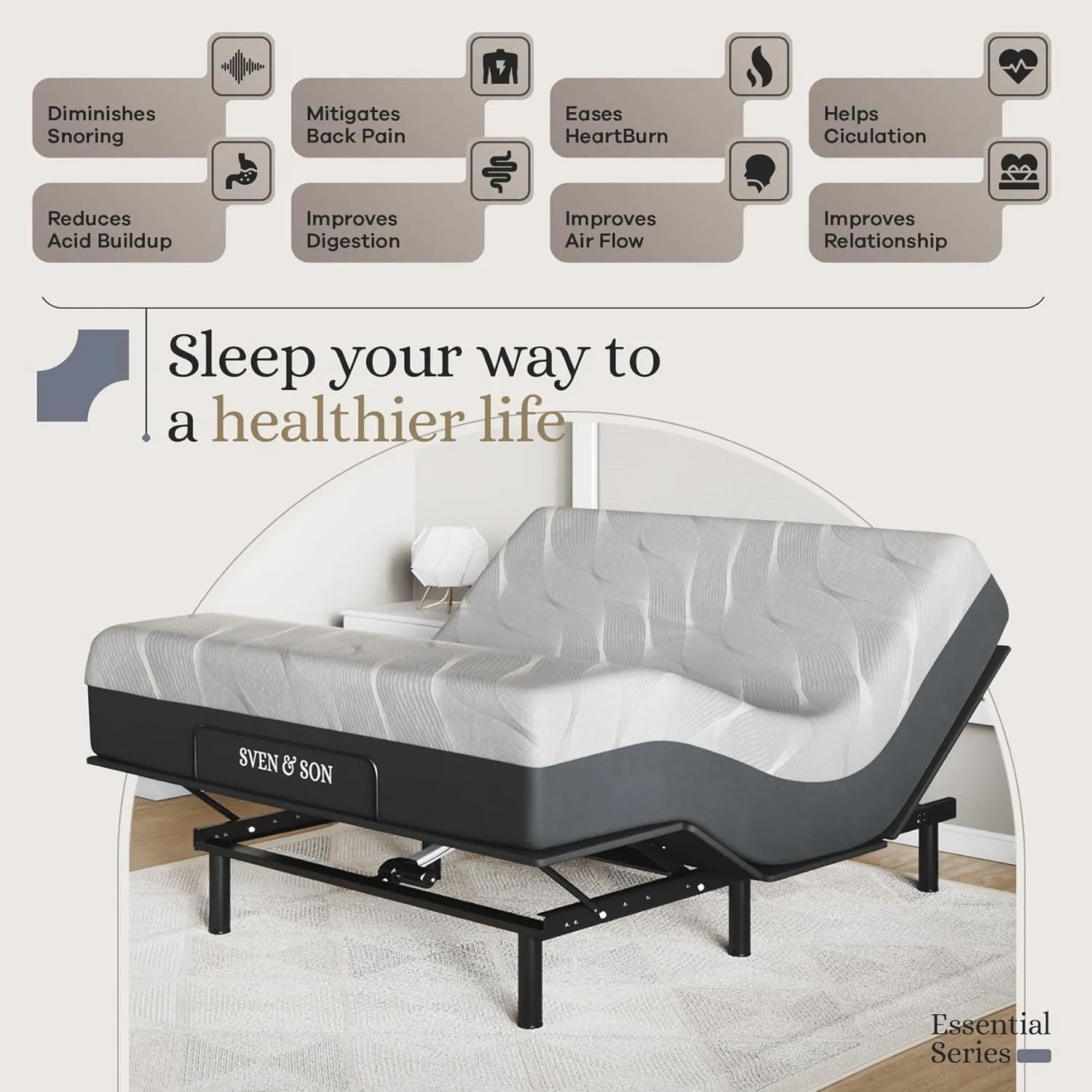 Sven & Son Essential Adjustable Bed Base (Frame)   14 inch Hybrid Spring Matt (Medium Soft), Easy Assembly, Head and Foot Lift, Memory Positions, Zero Gravity, Wireless Remote - Queen