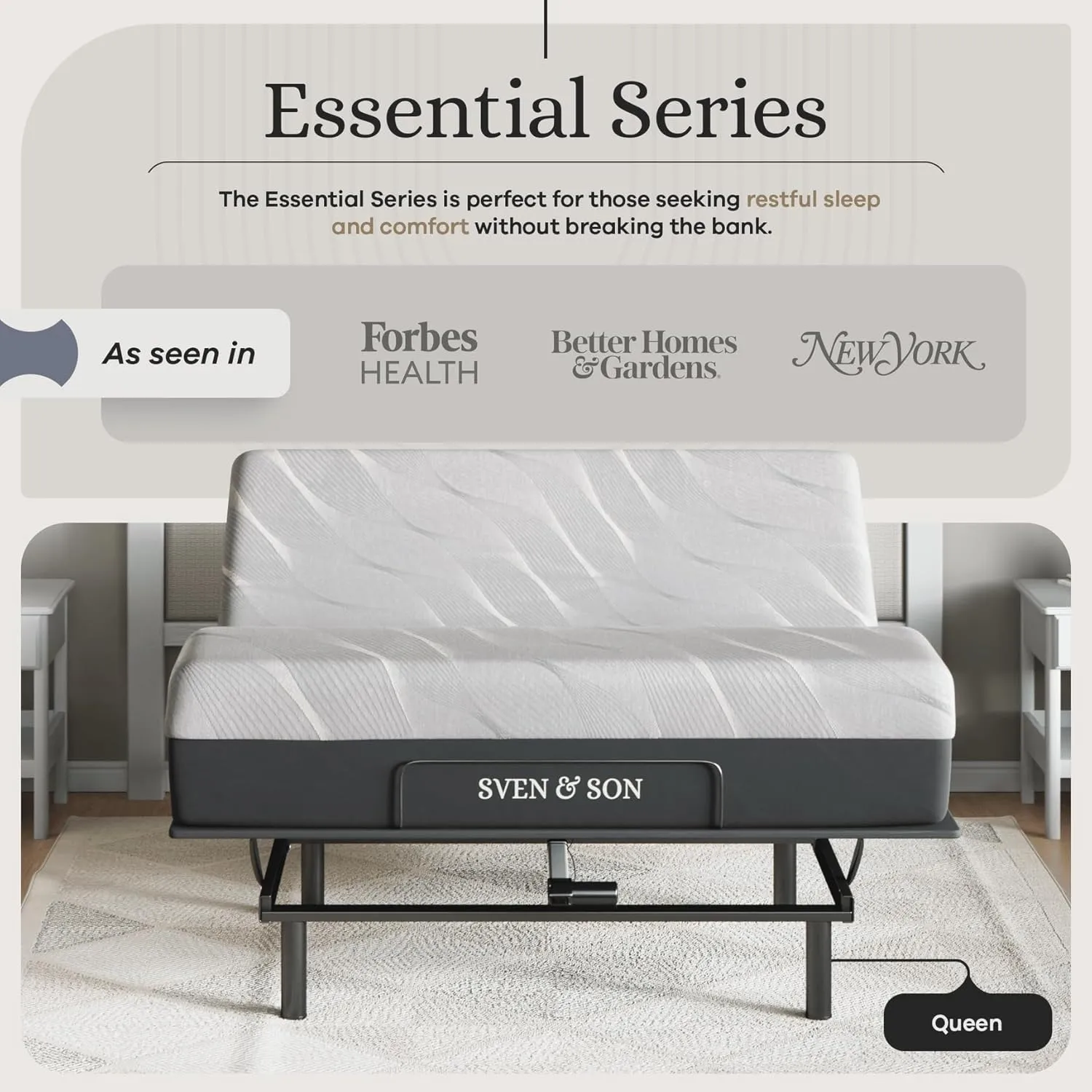 Sven & Son Essential Adjustable Bed Base (Frame)   14 inch Hybrid Spring Matt (Medium Soft), Easy Assembly, Head and Foot Lift, Memory Positions, Zero Gravity, Wireless Remote - Queen