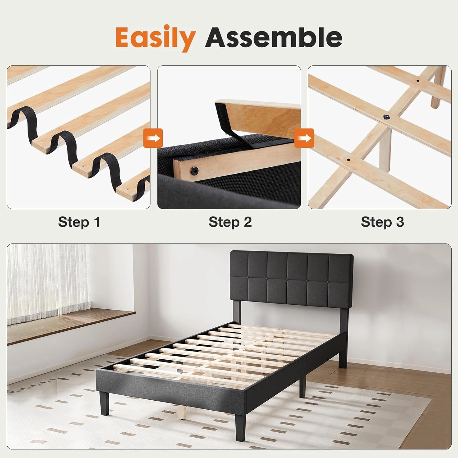 Sweetcrispy Twin Size Wood Bed Frame - Linen Upholstered Platform Bed with Headboard, No Box Spring Needed with 800LBS Sturdy Wooden Slats Support, Noise Free, Easy Assembly, Dark Grey