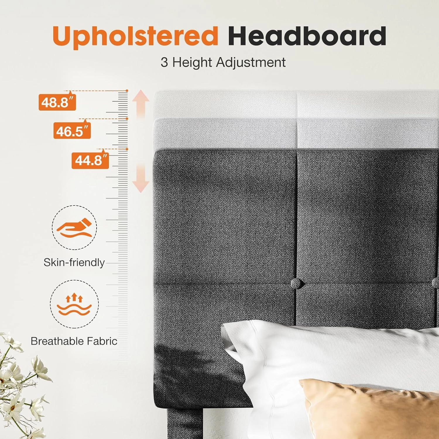 Sweetcrispy Twin Size Wood Bed Frame - Linen Upholstered Platform Bed with Headboard, No Box Spring Needed with 800LBS Sturdy Wooden Slats Support, Noise Free, Easy Assembly, Dark Grey