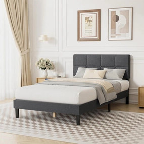 Sweetcrispy Twin Size Wood Bed Frame - Linen Upholstered Platform Bed with Headboard, No Box Spring Needed with 800LBS Sturdy Wooden Slats Support, Noise Free, Easy Assembly, Dark Grey