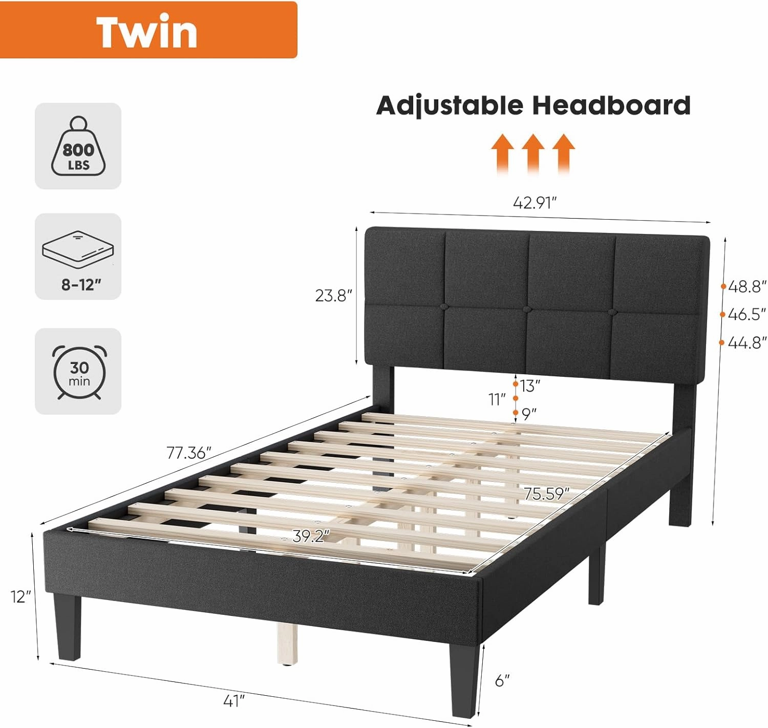 Sweetcrispy Twin Size Wood Bed Frame - Linen Upholstered Platform Bed with Headboard, No Box Spring Needed with 800LBS Sturdy Wooden Slats Support, Noise Free, Easy Assembly, Dark Grey