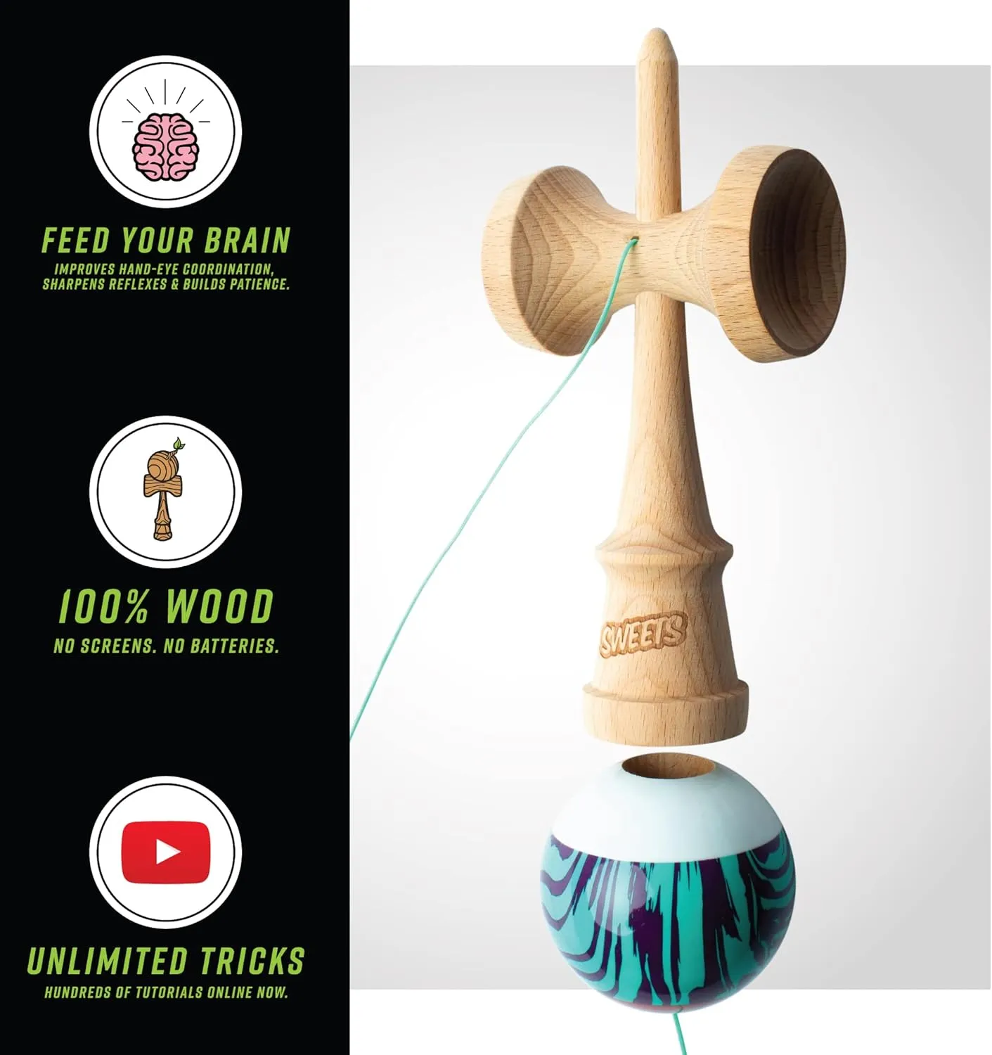 Sweets Kendamas Grain Split Boost Kendama, Improves Hand Eye Coordination, Reflexes, Premium Skill Toy, Extra String Accessory Gift Bundle (Laser Tag)