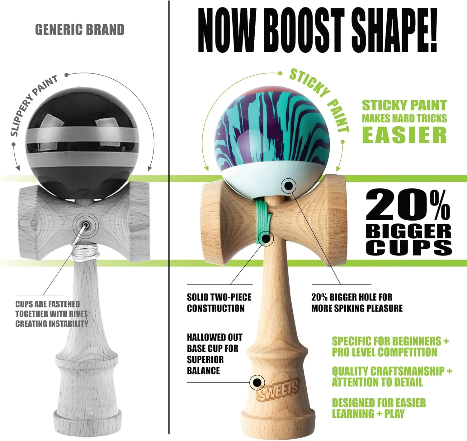 Sweets Kendamas Grain Split Boost Kendama, Improves Hand Eye Coordination, Reflexes, Premium Skill Toy, Extra String Accessory Gift Bundle (Laser Tag)