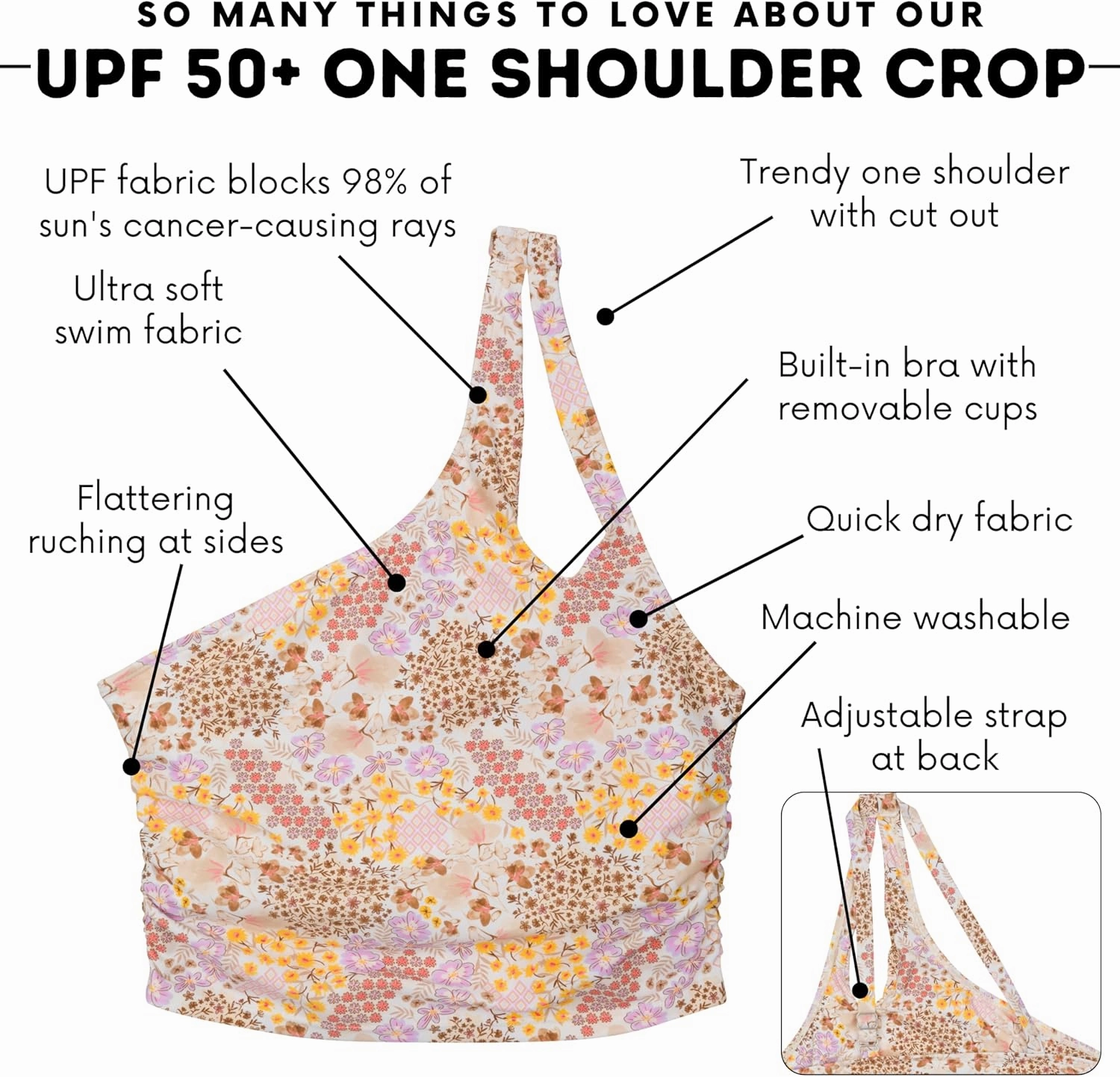 SwimZip Women's One Shoulder Crop Bikini Swim Top - UPF 50  Sun Protection