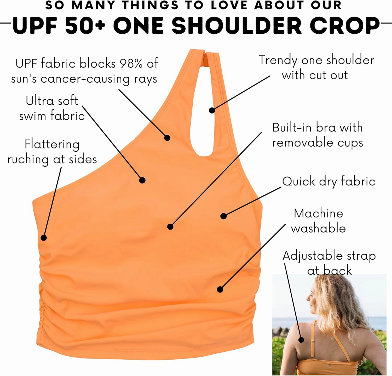 SwimZip Women's One Shoulder Crop Bikini Swim Top - UPF 50  Sun Protection