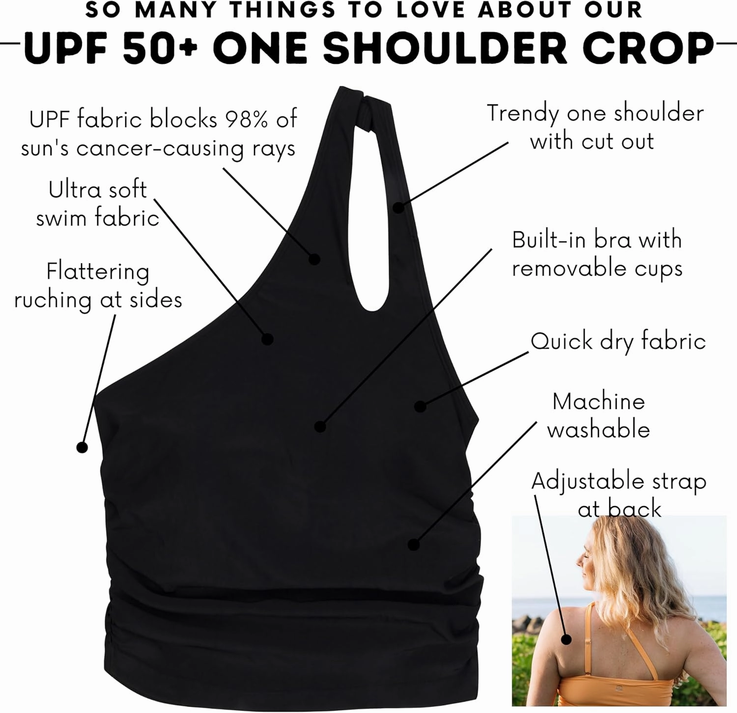 SwimZip Women's One Shoulder Crop Bikini Swim Top - UPF 50  Sun Protection