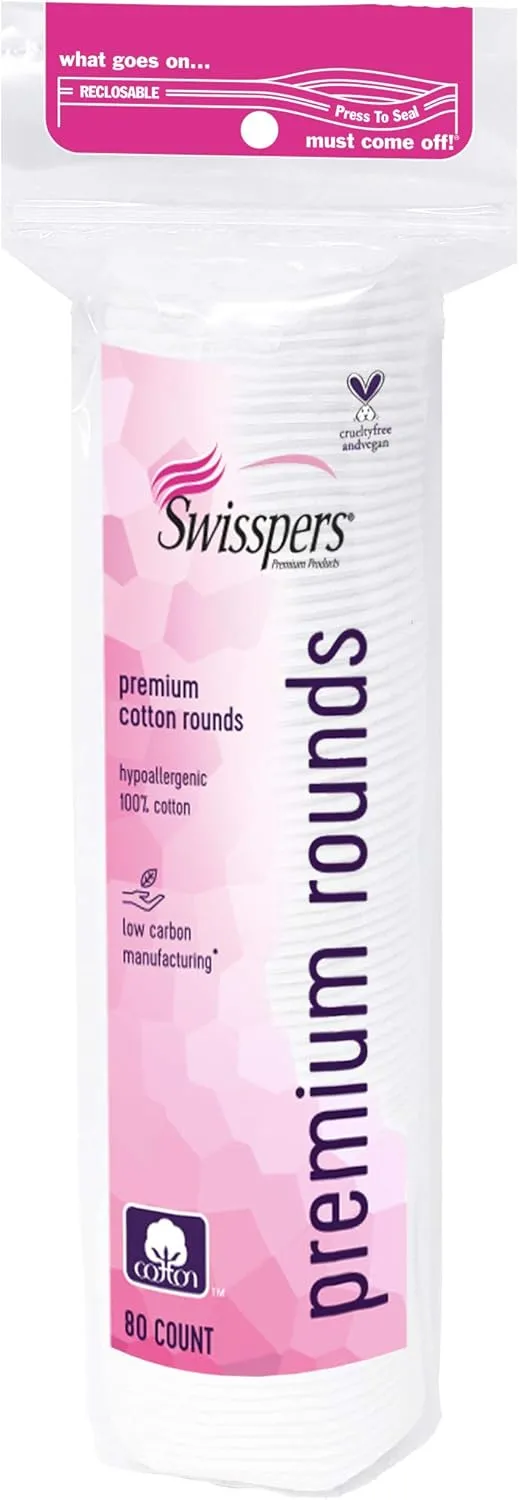 Swisspers Premium Cotton Rounds, Hypoallergenic, 80 Count, Pack of 6 (480 Rounds Total)