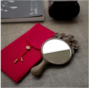 Tabletop Makeup Mirror Solid Wood Handle Vanity Mirror Portable Green Sandalwood Hand-Held Small Mirror Portable High-Definition Wooden Mirror with Handle Personal Makeup Mirrors