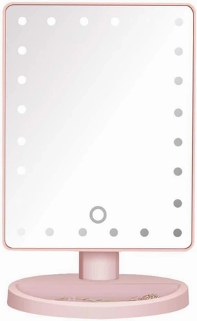 Tabletop Makeup Mirror with 24 LED Lights, Dimmable Touchscreen, 180° Rotation, USB/Battery Powered, White(Pink)