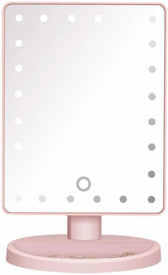 Tabletop Makeup Mirror with 24 LED Lights, Dimmable Touchscreen, 180° Rotation, USB/Battery Powered, White(Pink)