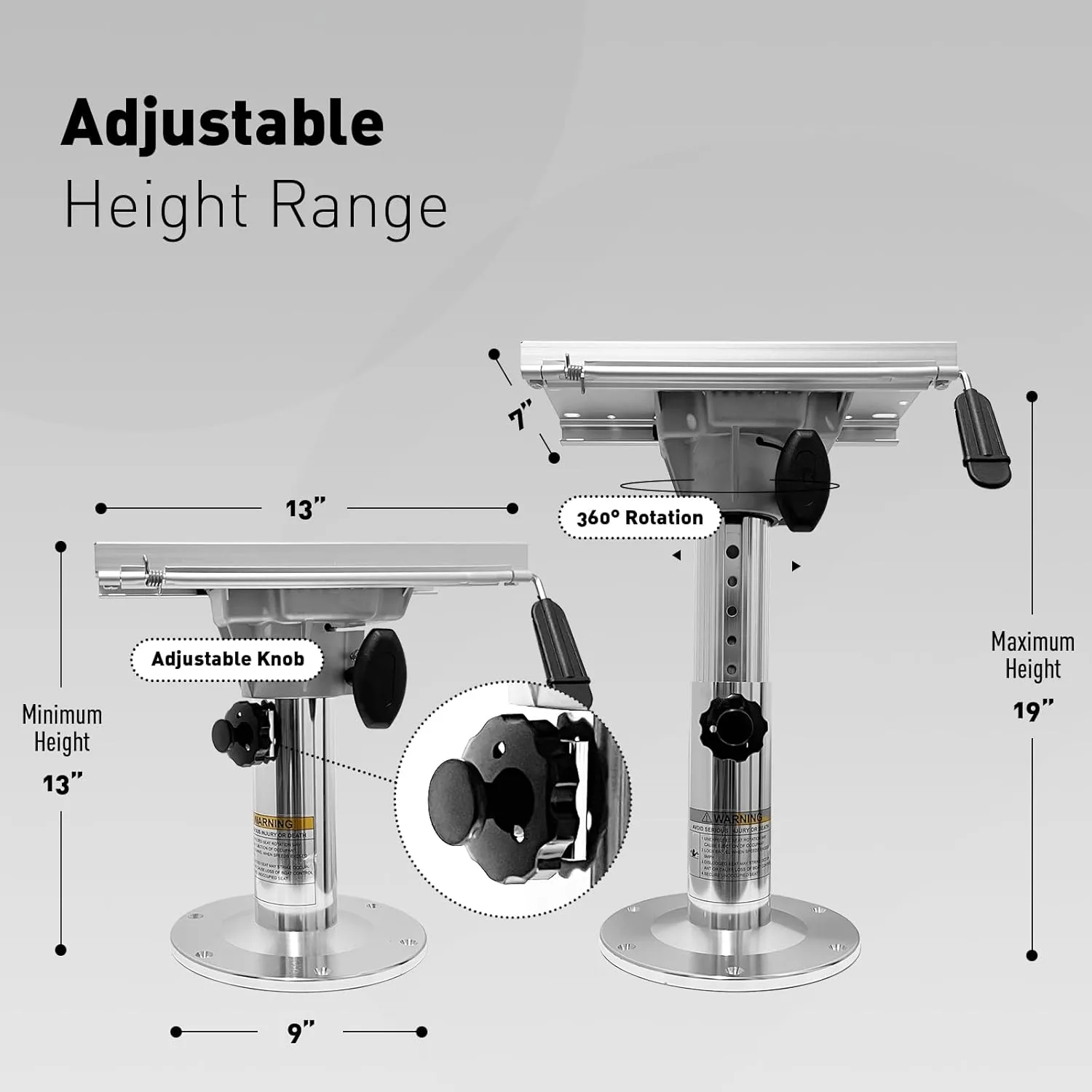 TEPU Adjustable Boat Seat Pedestal, 13" to 19" Height, Aluminum Alloy Base with Slide Rails and Locking Mechanism, High Durability, Suitable for Most Boat Seat Mount
