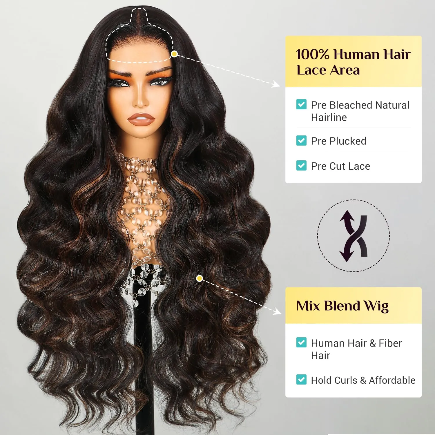TESLAL P1B/30 Highlight Wear and Go Glueless Pre Cut Lace Body Wave 6X6 HD Lace Wig Premium Fiber Hair and Human Hair Blend Wig By Crafted Technology 260% Density 20 Inch