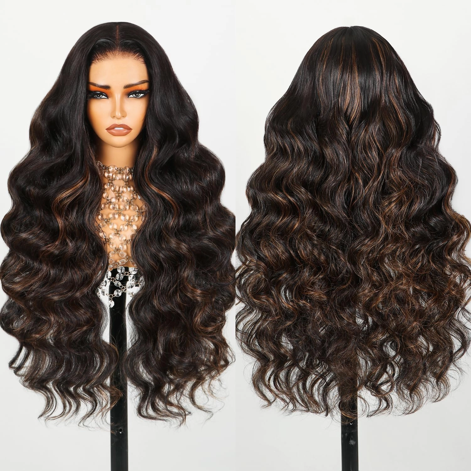 TESLAL P1B/30 Highlight Wear and Go Glueless Pre Cut Lace Body Wave 6X6 HD Lace Wig Premium Fiber Hair and Human Hair Blend Wig By Crafted Technology 260% Density 30 Inch