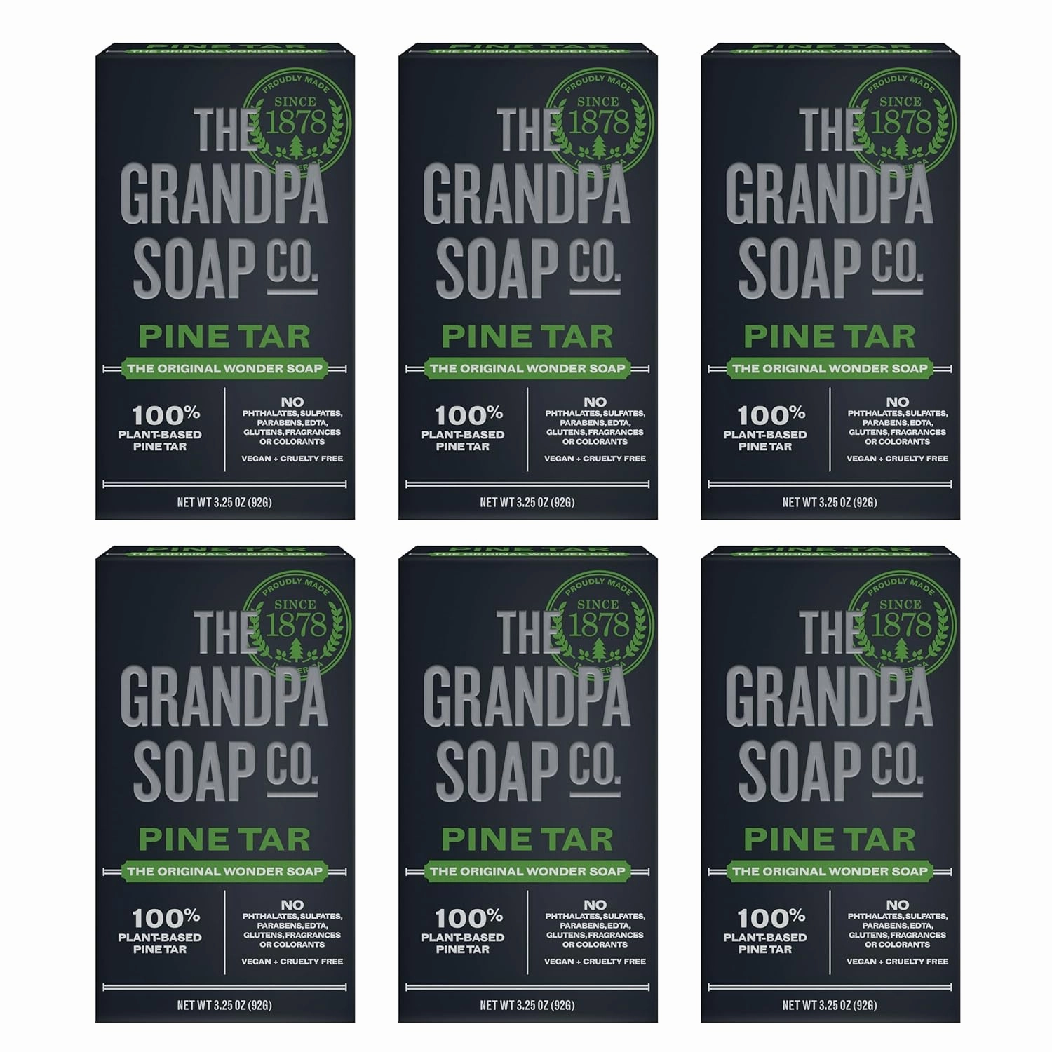 The Grandpa Soap Company Pine Tar Bar Soap for Men- Made With Pine Tar Oil, 3 in 1 Cleanser Deodorizer and Moisturizer, Dermatologist Tested, Safe for Sensitive Skin, 3.25 Oz, 6 Pack