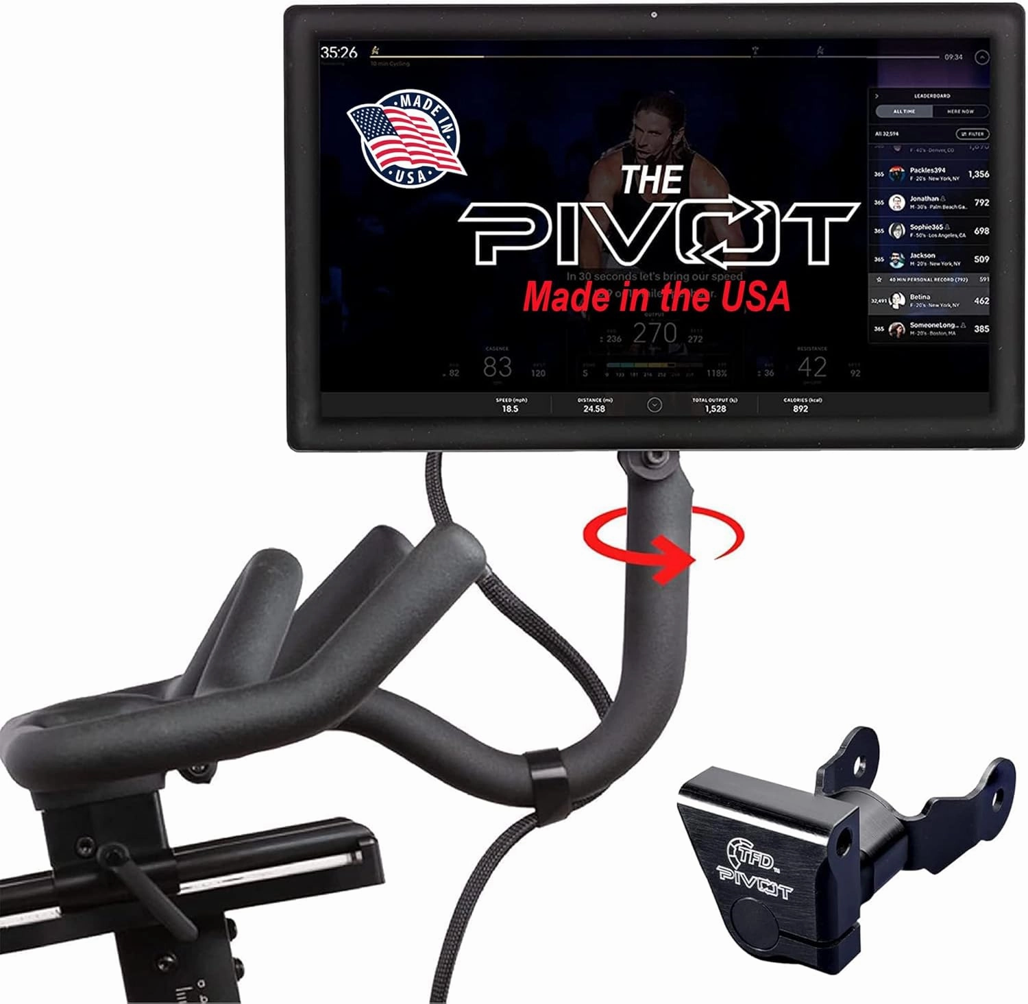 The Pivot for Peloton Bike Screens, Made in USA - 360 Degree of Movement Adjuster | Easily Adjust & Rotate Your Peloton Monitor | Peloton Accessories by TFD