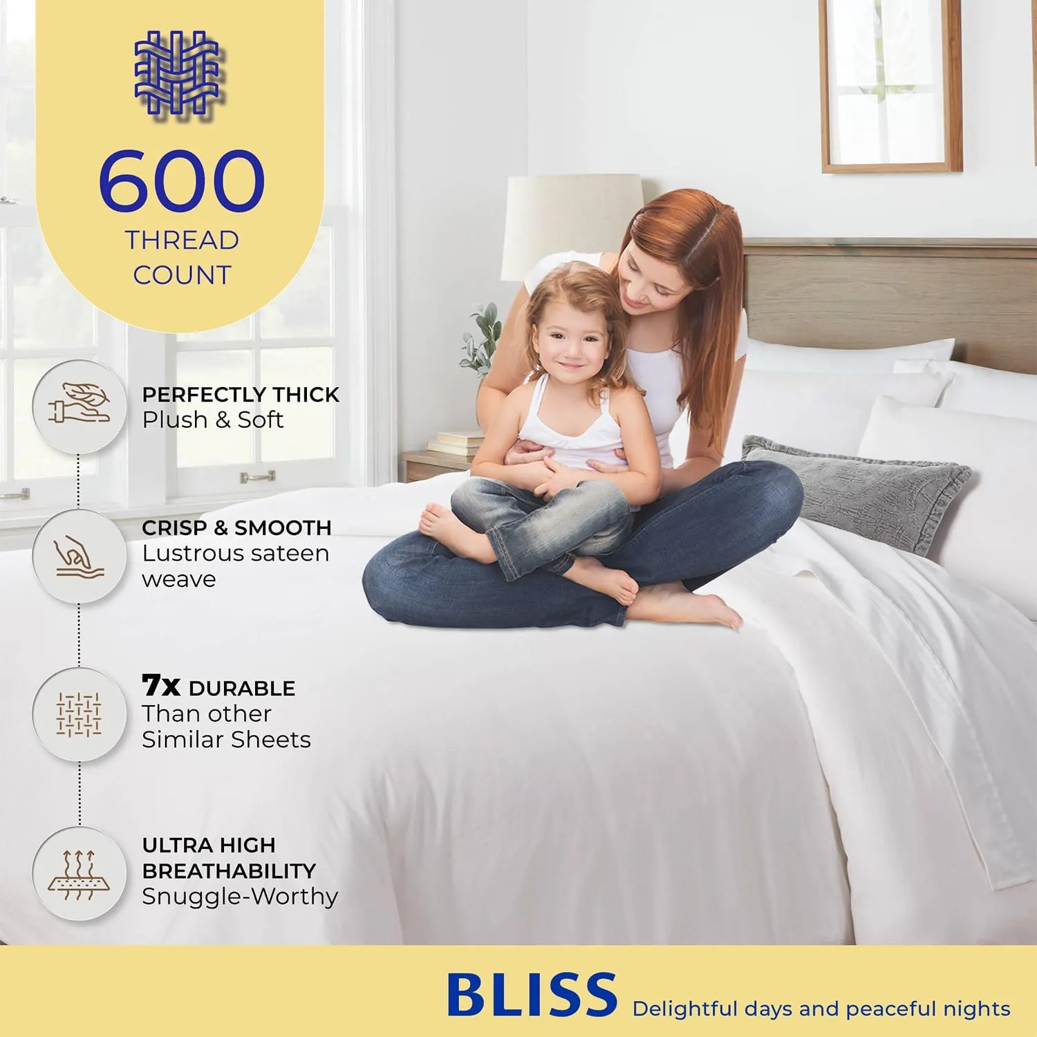 THREAD SPREAD Queen/Full Duvet Cover, 600 Thread Count Sateen 3Pc Egyptian Cotton Duvet Cover Set, 100% Pure Cotton Comforter Cover, 2 Pillow Shams, Zipper Closure, 7 Corner Ties - (White)