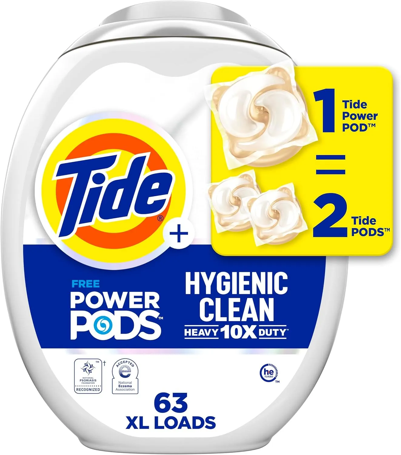 Tide Hygienic Clean Heavy Duty 10x Free Power PODS Laundry Detergent, 63 count, Unscented, For Visible and Invisible Dirt