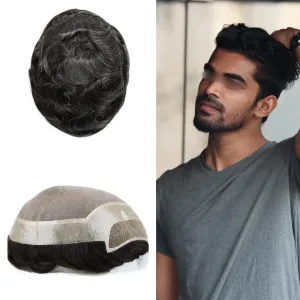 Toupee for Men Hair Replacement System Durable Fine Mono Base Mens Toupee French Lace Front Natural Hairline Men Hair Piece (7"X9" 120% density, #1B20 1B# OFF BLACK WITH 20% SYNTHETIC GREY)