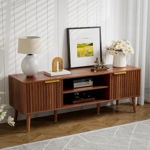TV Stand for Living Room, Mid Century Modern Entertainment Center for 55/60/65 inch TVs, TV Console with Fluted Door Cabinets and Open Shelves, for Bedroom, Walnut