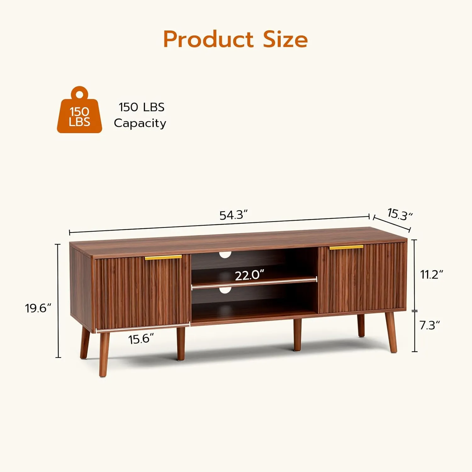 TV Stand for Living Room, Mid Century Modern Entertainment Center for 55/60/65 inch TVs, TV Console with Fluted Door Cabinets and Open Shelves, for Bedroom, Walnut