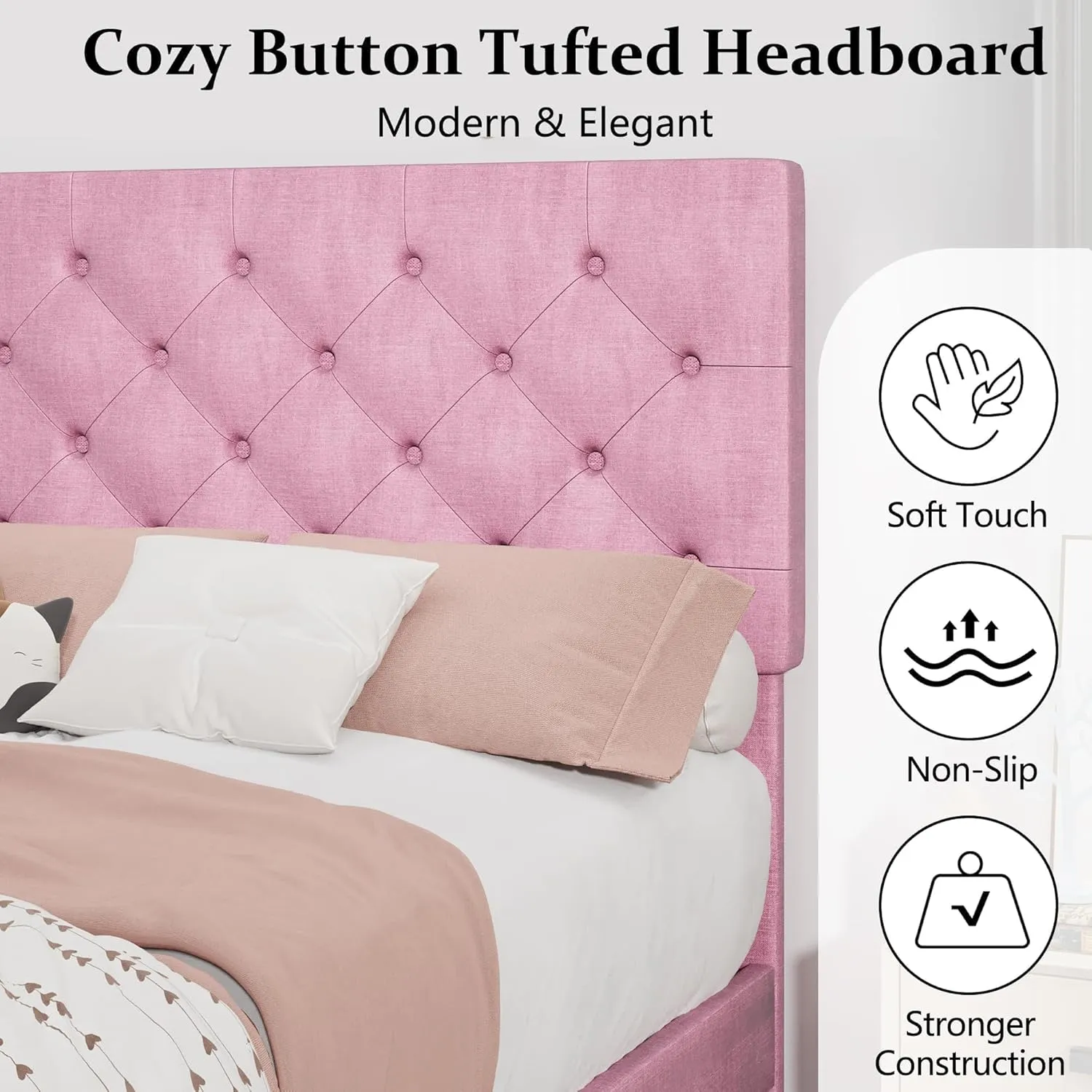 Twin Bed Frames with Button Tufted Headboard, Linen Upholstered Platform Bed with Wooden Slats Support, Princess Bed Frame for Girls, Easy Assembly, No Box Spring Required, Pink