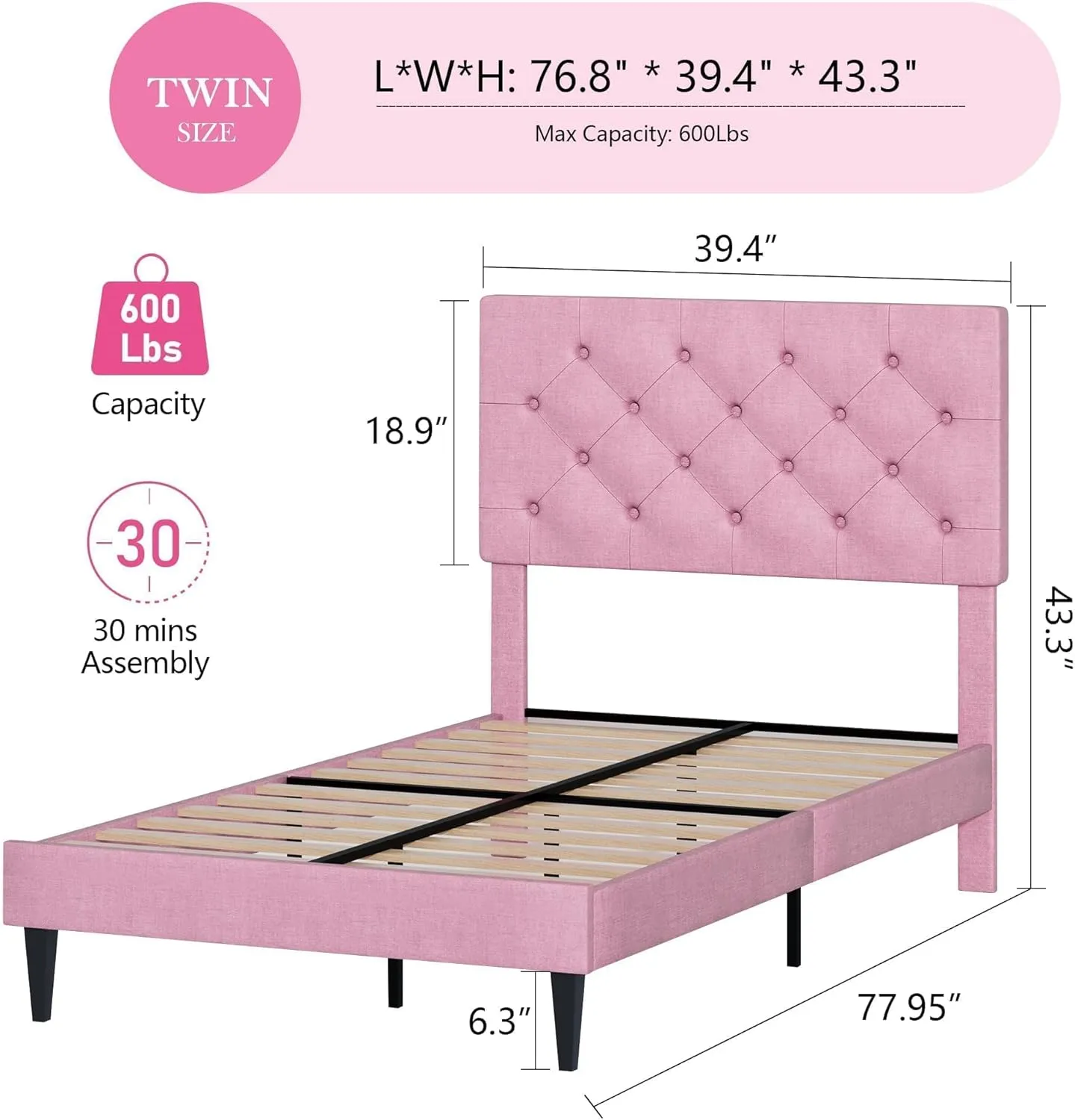 Twin Bed Frames with Button Tufted Headboard, Linen Upholstered Platform Bed with Wooden Slats Support, Princess Bed Frame for Girls, Easy Assembly, No Box Spring Required, Pink