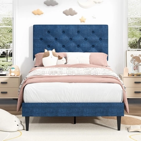 Twin Bed Frames with Button Tufted Headboard, Linen Upholstered Platform Bed with Wooden Slats Support, Easy Assembly, No Box Spring Required, Navy Blue