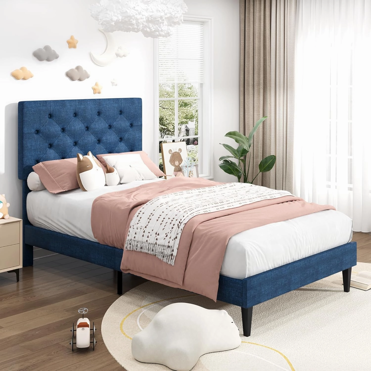 Twin Bed Frames with Button Tufted Headboard, Linen Upholstered Platform Bed with Wooden Slats Support, Easy Assembly, No Box Spring Required, Navy Blue
