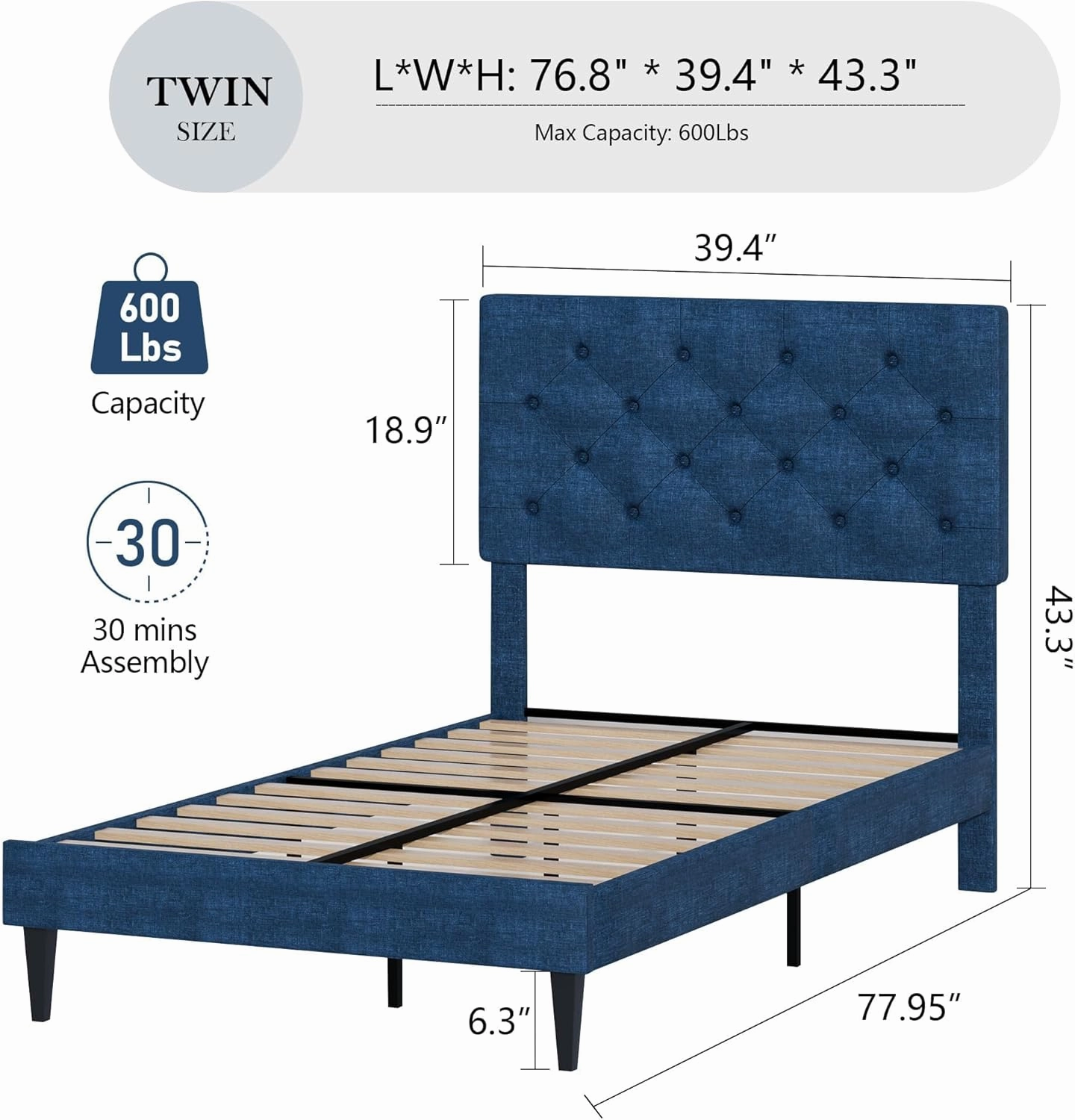 Twin Bed Frames with Button Tufted Headboard, Linen Upholstered Platform Bed with Wooden Slats Support, Easy Assembly, No Box Spring Required, Navy Blue