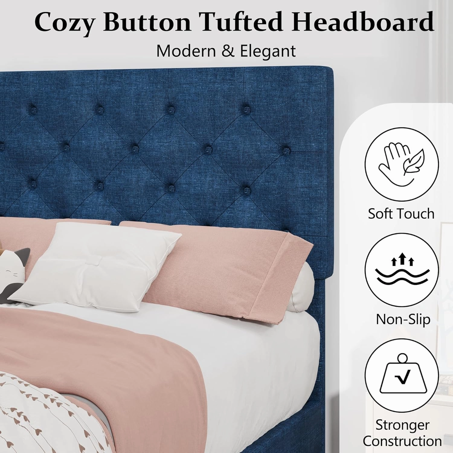 Twin Bed Frames with Button Tufted Headboard, Linen Upholstered Platform Bed with Wooden Slats Support, Easy Assembly, No Box Spring Required, Navy Blue